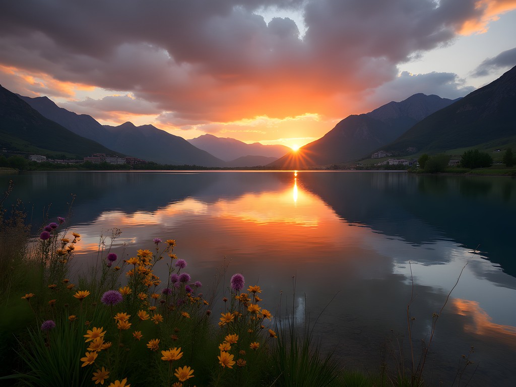 Sunrise over Stanley Lake in Westminster Colorado with mountain reflections