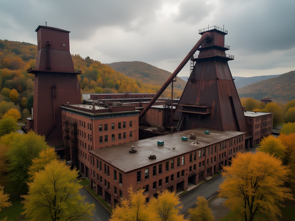 Abandoned Wheeling-Pittsburgh Steel Mill complex with fall foliage and rust-colored structures
