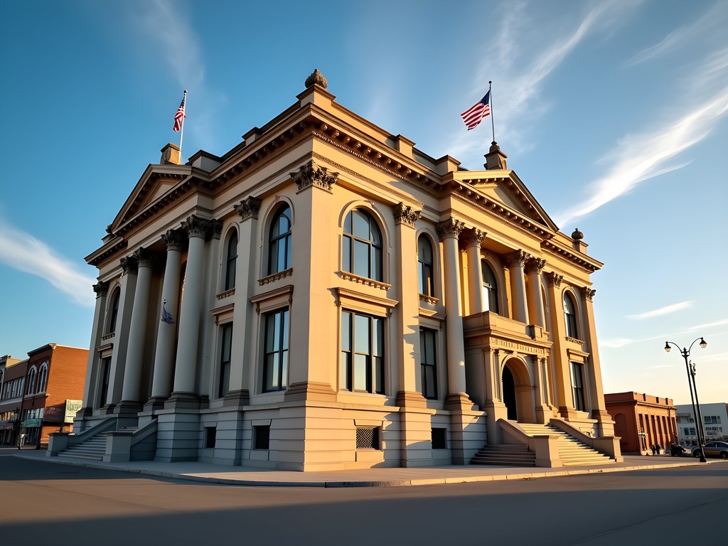 Historic Williston Courthouse with neoclassical architecture against blue North Dakota sky