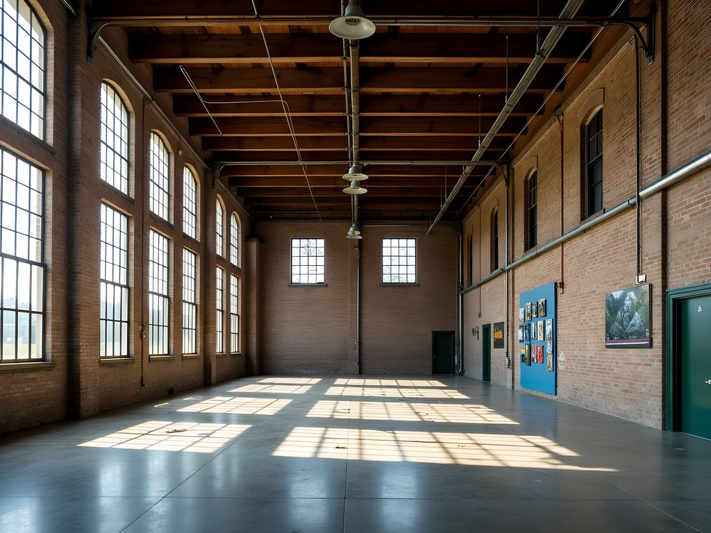 Repurposed Old Armory building in Williston with industrial art installations and dramatic lighting