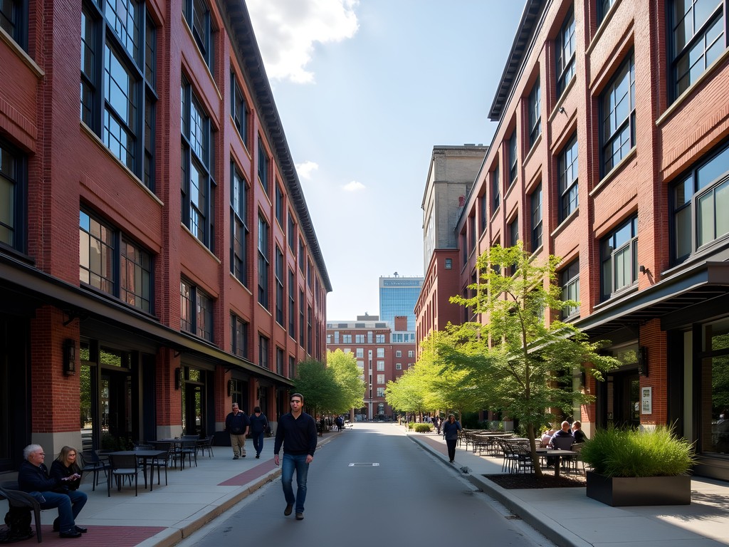 Worcester Canal District converted warehouse architecture with outdoor dining and pedestrians