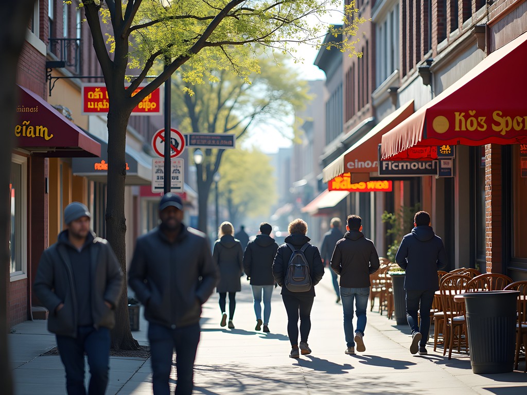 Diverse street scene in Worcester Main South neighborhood with international restaurants and shops