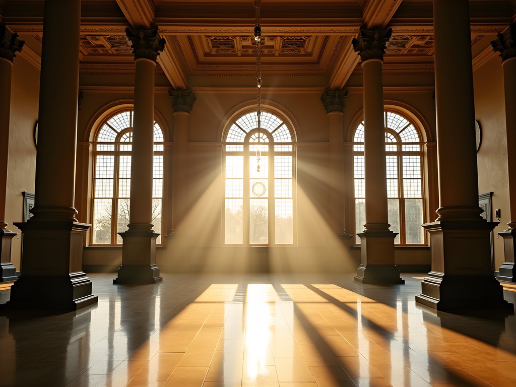 Sunlight streaming through arched windows at Worcester Union Station Beaux-Arts architecture