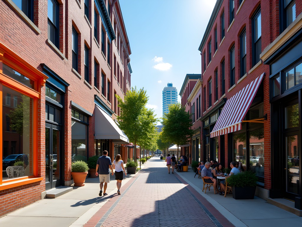 Vibrant street scene in Worcester's Canal District with historic brick buildings and pedestrians