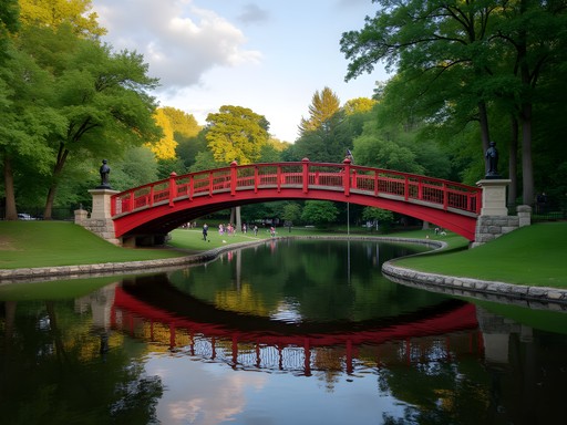 Historic iron bridge in Elm Park Worcester with summer foliage and pond