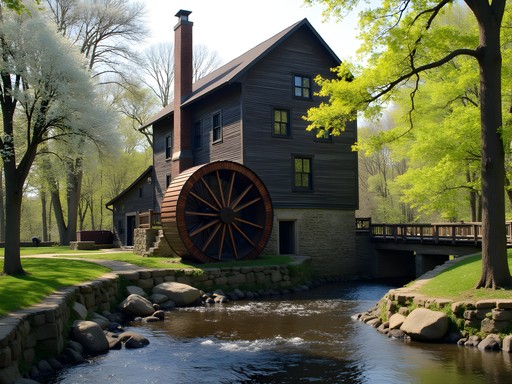 Historic Lanterman's Mill with waterwheel in Mill Creek Park during spring with flowering trees