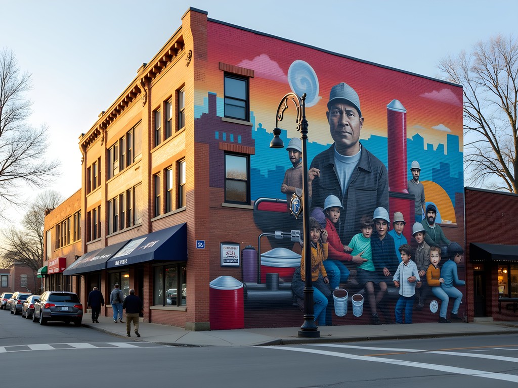 Colorful mural depicting Youngstown's industrial history on brick building wall downtown
